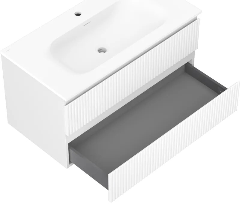 Mexen Rivel, kúpeľňová skrinka 90 cm s umývadlom Vela, 2 zásuvky, drážkovaná, biela matná, 91A20-09047-2-BFF01-W23M01