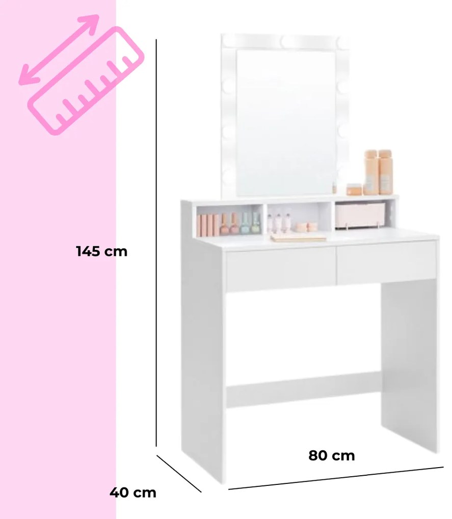 Toaletný stolík VANESA s osvetlením, 80x40x145cm, biela Jurhan