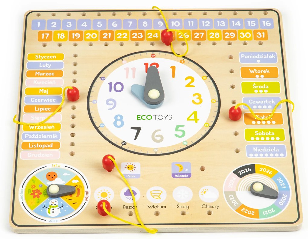 Drevená manipulačná tabuľa s kalendárom a hodinami