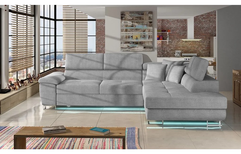 Rohová sedačka Alvin LED, Dostupné poťahy: Ekokoža Soft 011 (čierna) + Lux 06 + Ekokoža Soft 011 (čierna), Strana: pravá