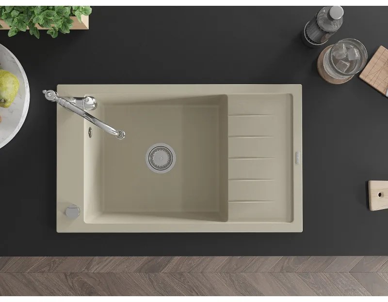 Mexen Elias, granitový drez 795x480x200 mm, 1-komorový a drezová batéria Carla, béžová, 6511-69-670700-00