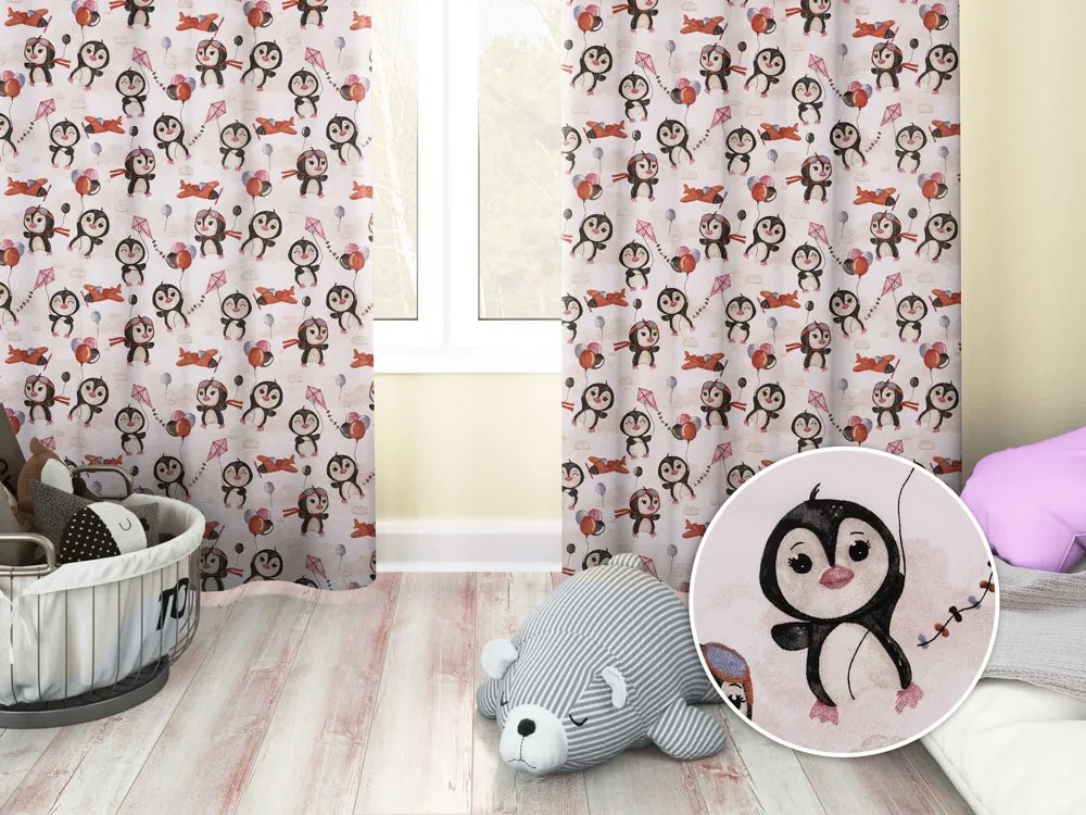 Biante Detský bavlnený záves Sandra SA-647 Tučniačiky s hnedými lietadielkami na bielom 150x210 cm