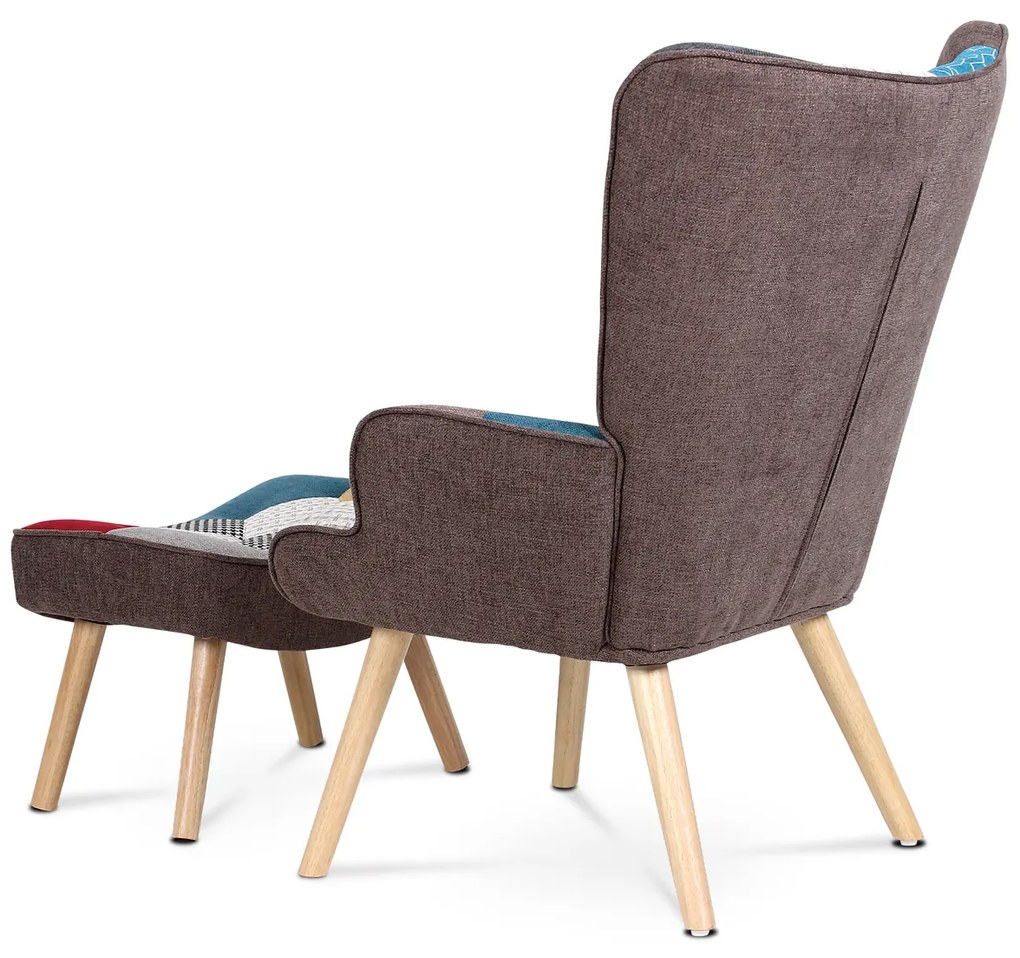 Autronic - Kreslo "ušiak" s podnožkou, poťah patchwork látka, nohy masív kaučukovník - AK-305 PW2