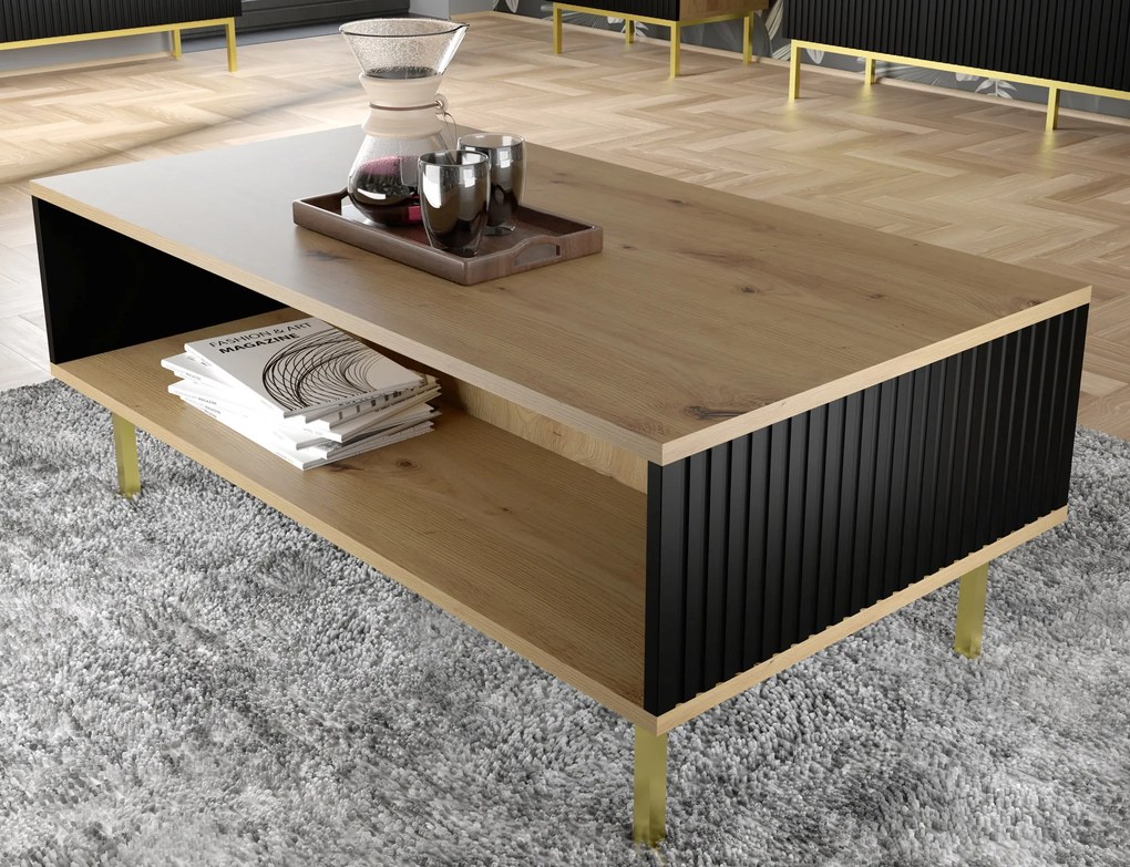 Konferenčný stolík Rowanna (dub artisan + čierna + zlatá). Akcia -20%. Vlastná spoľahlivá doprava až k Vám domov. 1124997