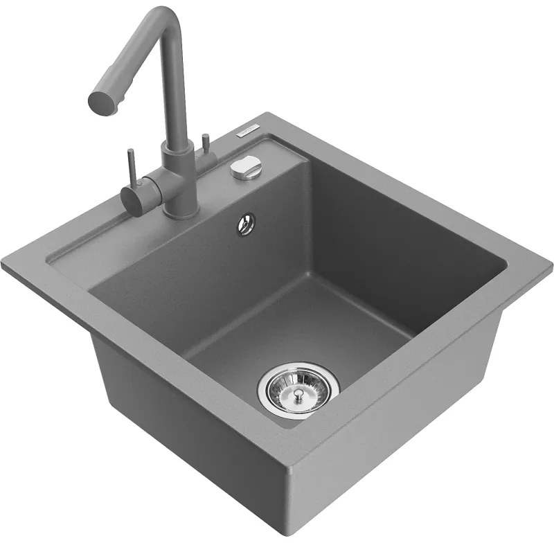 Mexen Vito, 1-komorový granitový drez 520x490x210 mm, šedá batéria Duero, šedá, 6503-71-671600-71