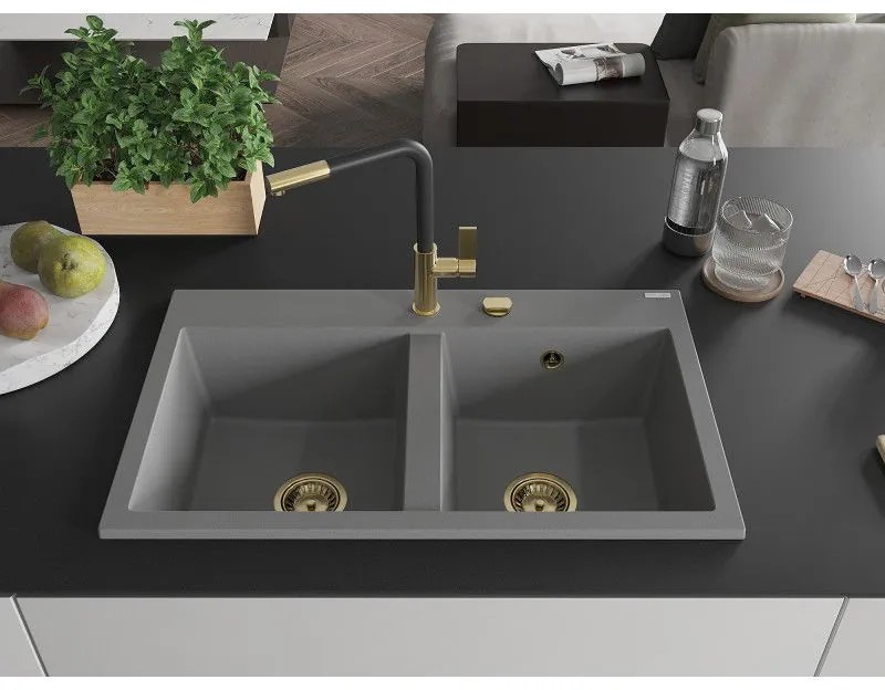 Mexen Hektor, 2-komorový granitový drez 800x480x205 mm, šedá, zlatý sifón, 6521802000-71-G
