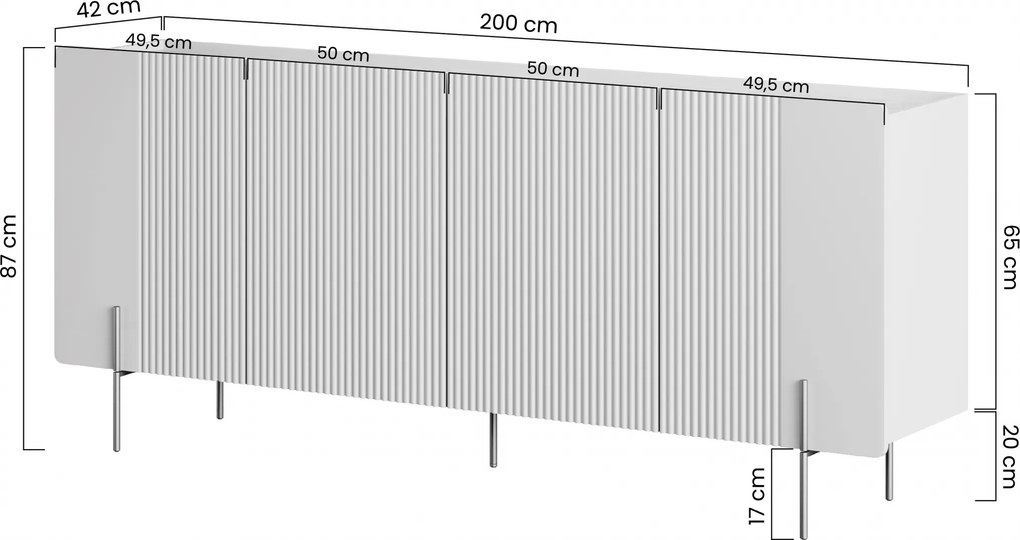 Komoda Malmi 200 cm štvordverová - kašmír / zlaté nožičky