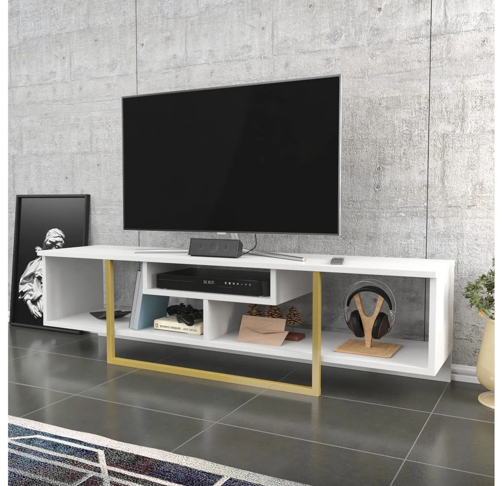 TV stolík/skrinka Aslana 150 (biela + zlatá). Akcia -18%. Vlastná spoľahlivá doprava až k Vám domov. 1101388