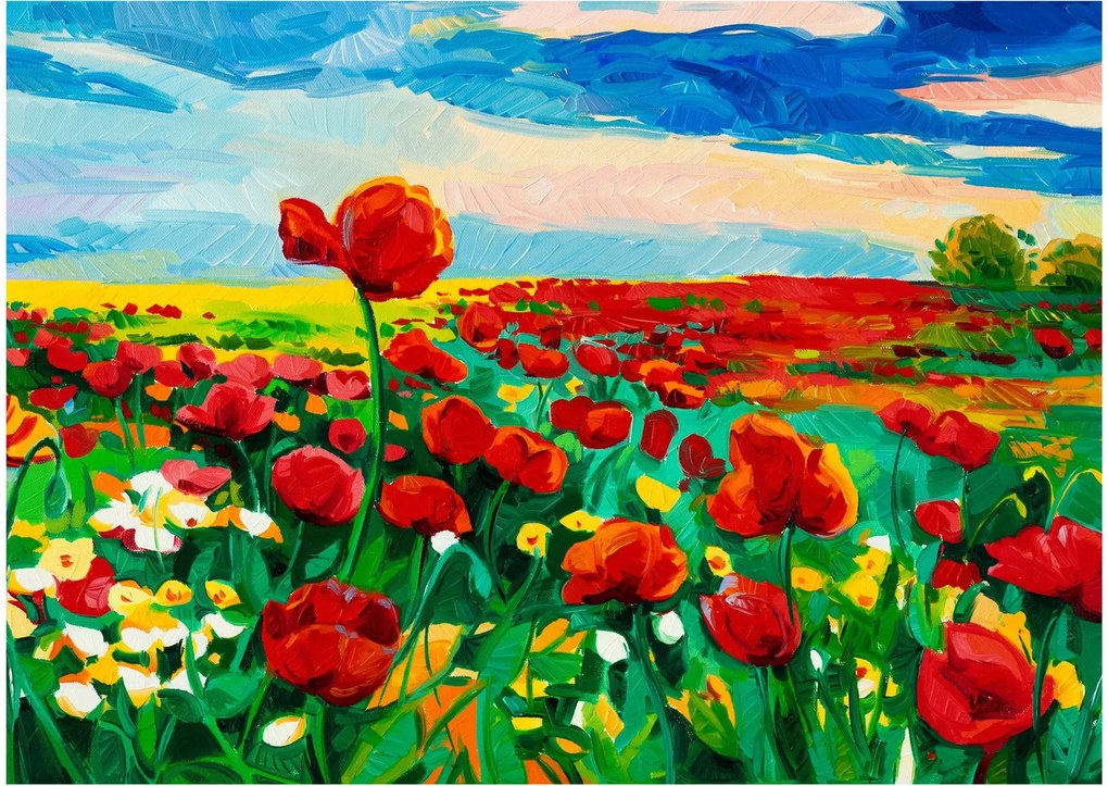 Sklenený obraz poľa s vlčími makmi (70x50 cm)