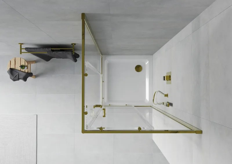 Mexen Rio, štvorcový sprchovací kút s posuvnými dverami 80(dvere) x 80(dvere) x 190 cm, 6mm číre sklo, zlatý profil + biela sprchová vanička SLIM, 860-080-080-50-00-4010G