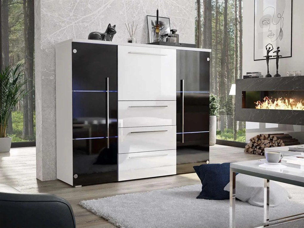 KOMODA BEATE LED ČIERNA + BIELE ZÁSUVKY VYSOKÝ LESK 136 cm