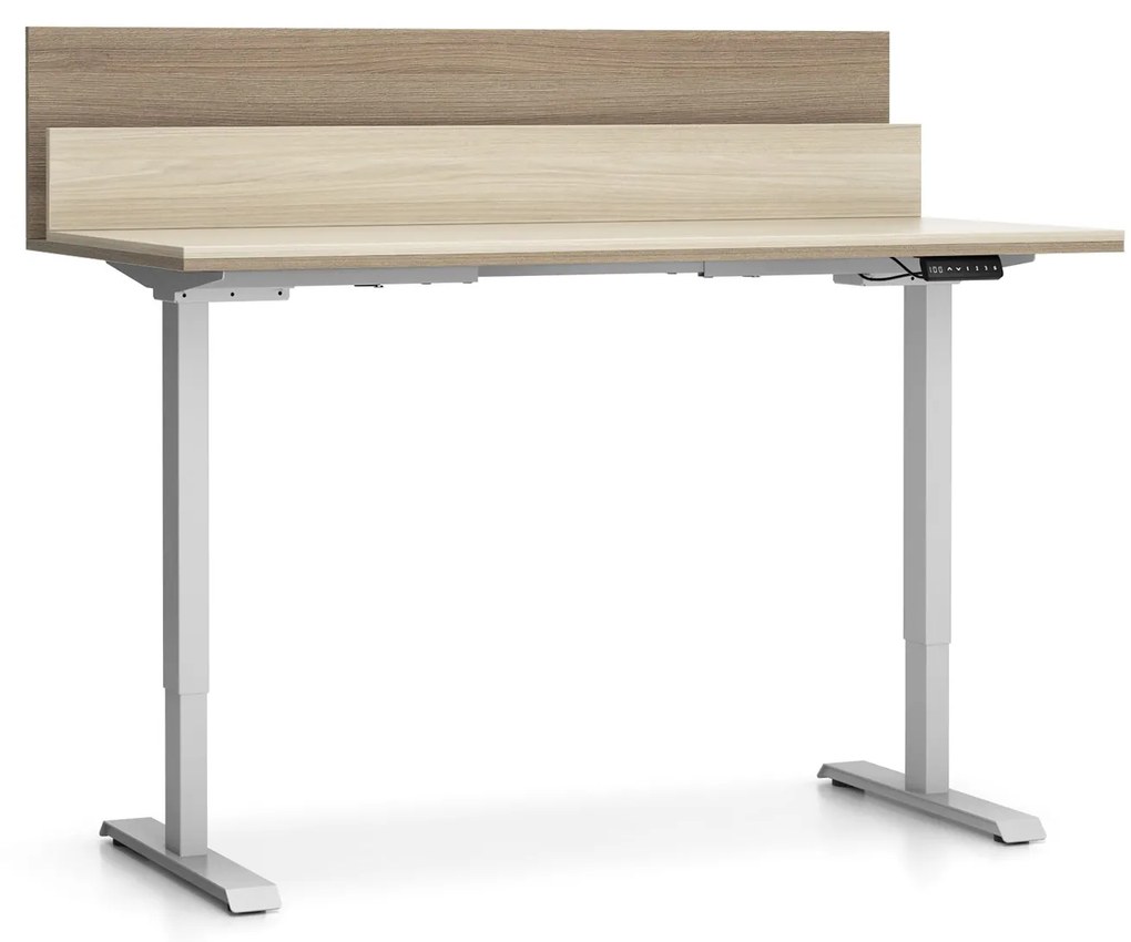 PLAN Výškovo nastaviteľný stôl SINGLE LAYERS, 160x80 cm, 2 motory, s prepážkami, dub prírodný/dub morený