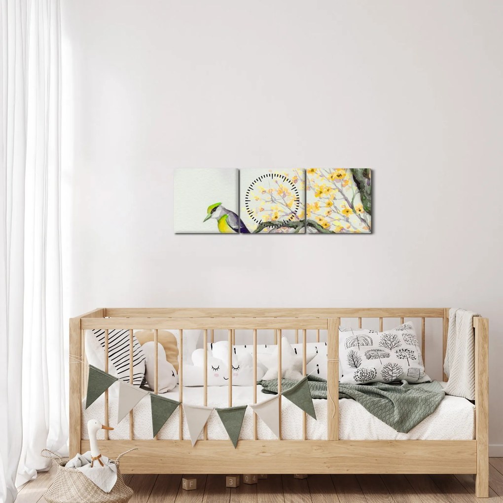 Obraz - Akvarelový vtáčik na strome (s hodinami) (90x30 cm)
