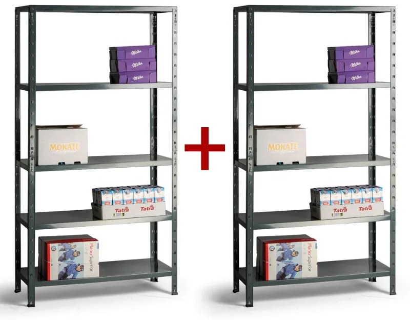 Kovový policový regál 1+1 ZADARMO, 80 kg, 1792 x 900 x 400 mm, 5 políc, sivý
