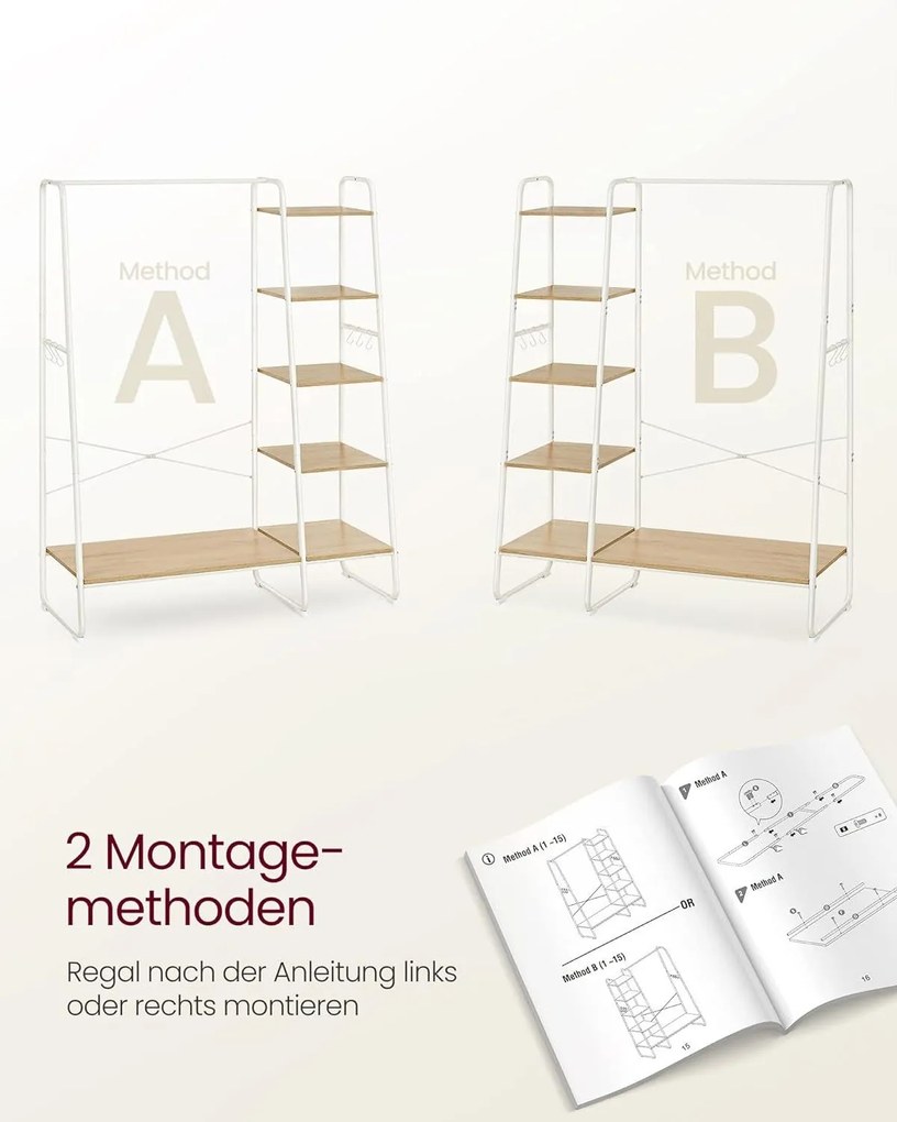 Stojan na šaty s policami, odnímateľnými háčikmi, farba dub a biela