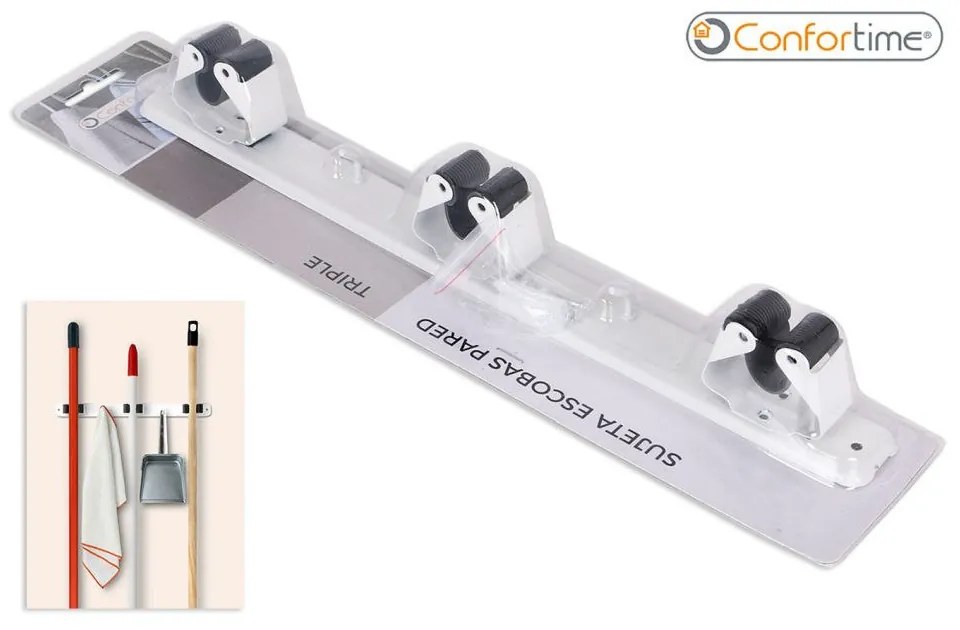 CONFORTIME Držiak na metly, zmetáky, metly a mopy, s háčikmi na zavesenie TRIPLE, biely kov