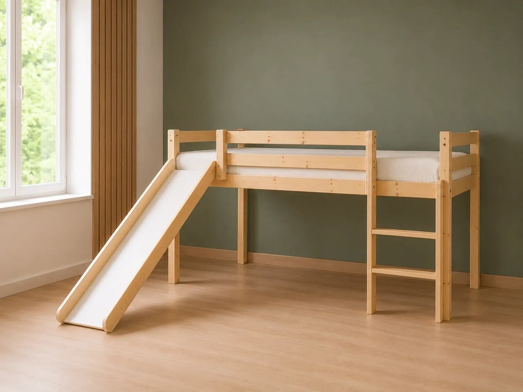 Detská vyvýšená posteľ z masívu so šmykľavkou 200x90 cm - prírodný lak