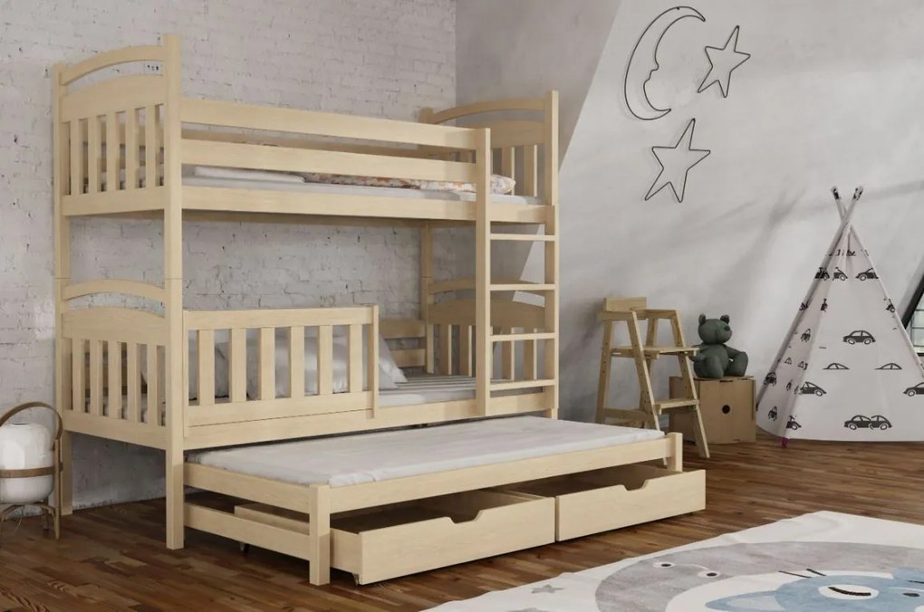 Detská poschodová posteľ z masívu borovice ONDRA s prístelkou a šuplíkmi - 200x80 cm - PRÍRODNÁ BOROVICA