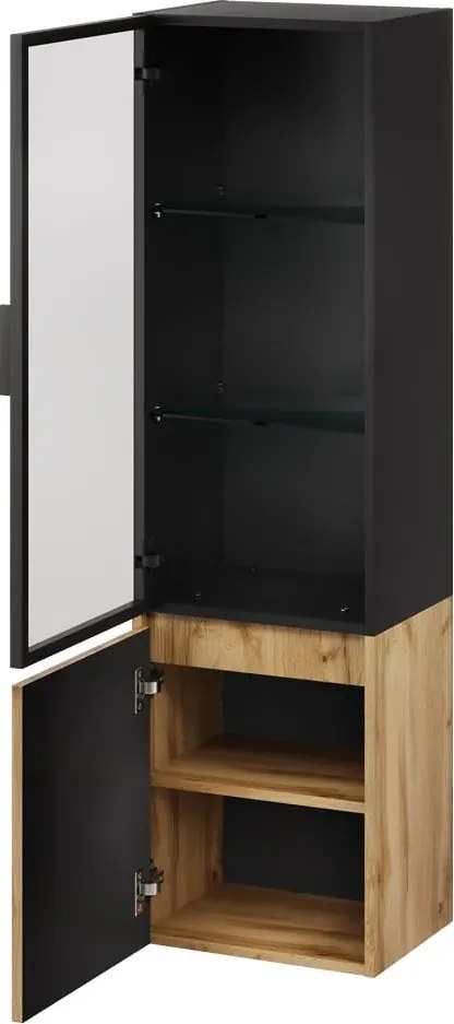 Závěsná vysoká koupelnová skříňka Loris 70 40 cm dub Wotan/černá