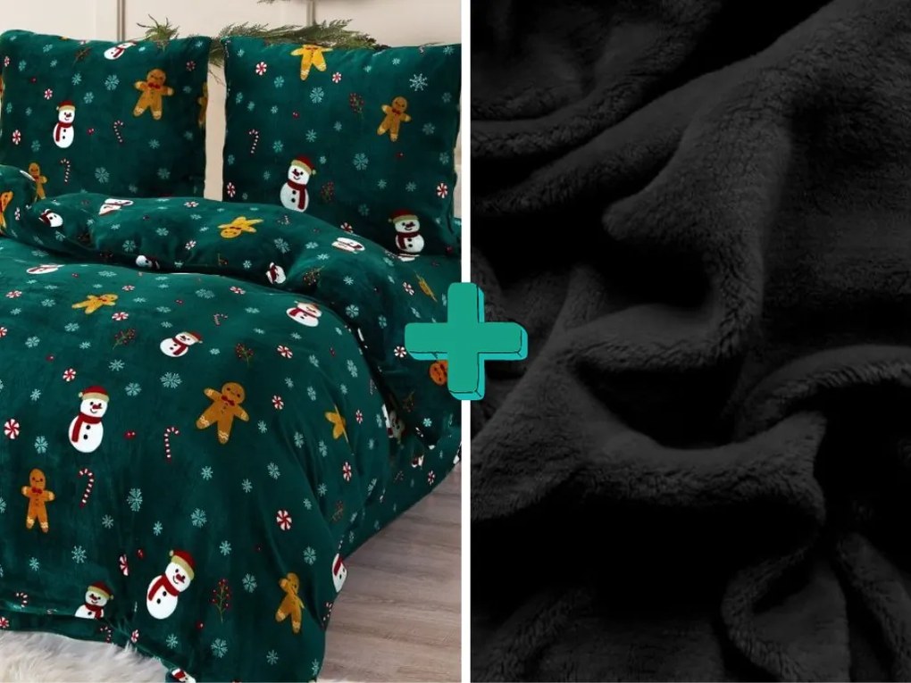 Obliečky mikroplyš SNEHULIAK A PERNÍČEK zelené + plachta mikroplyš SOFT 90x200 cm čierna