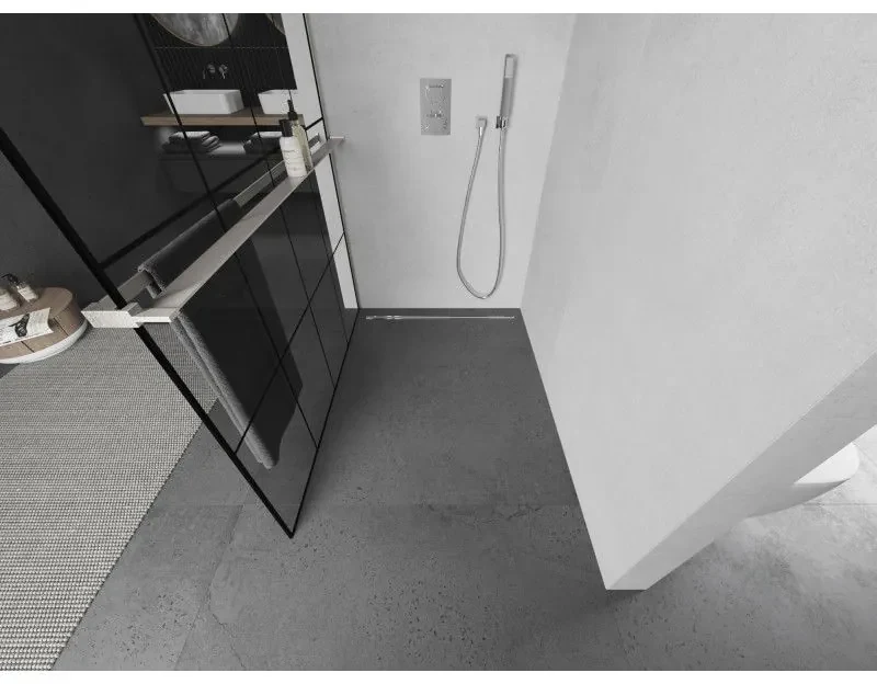 Mexen Kioto+, sprchová zástena Walk-In s poličkou a vešiakom 140 x 200 cm, 8mm číre sklo čierny vzor, brúsená oceľ profil, 800-140-121-97-77