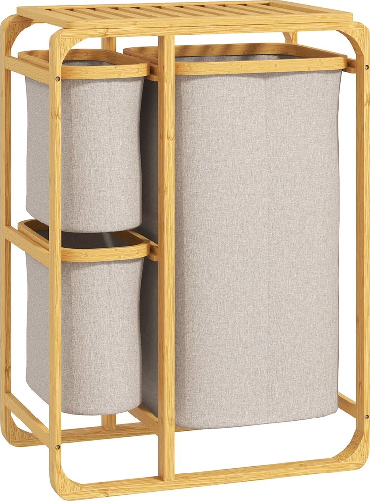HOMCOM Priraďovací Kôš na Pranie, Elegantný Kôš s 3 Odnímateľnými Textilnými Taškami a Poličkami, Bambus, 50x32x69,7 cm, Bambus a Krémová Farba | Aoso