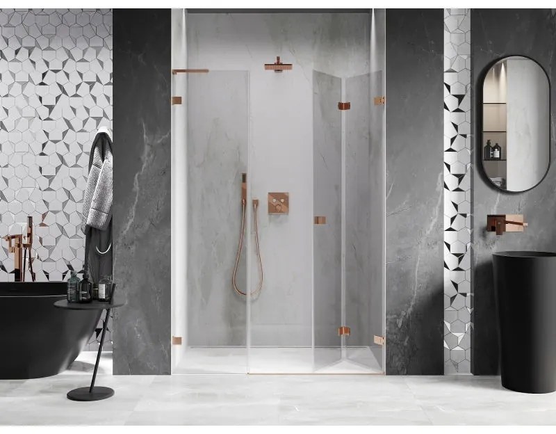 Mexen Lunar-F, L pravé skladacie sprchové dvere 140 cm, 8mm číre sklo, medený matný profil, 836SL-140-050-65-00-P