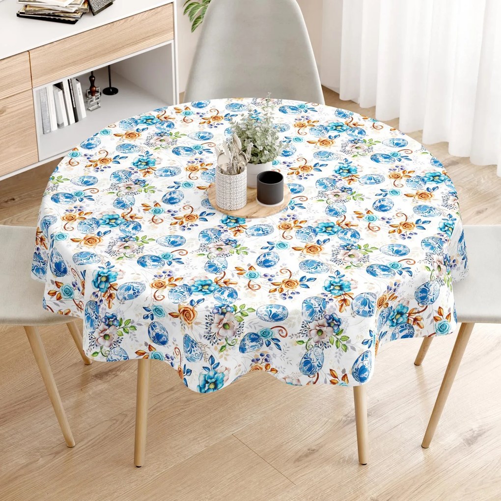 Goldea veľkonočný okrúhly obrus loneta - maľované modré kraslice Ø 80 cm