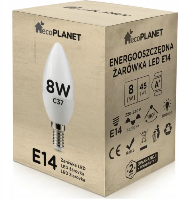 ecoPLANET LED žiarovka E14 sviečka 8W 700lm - studená biela