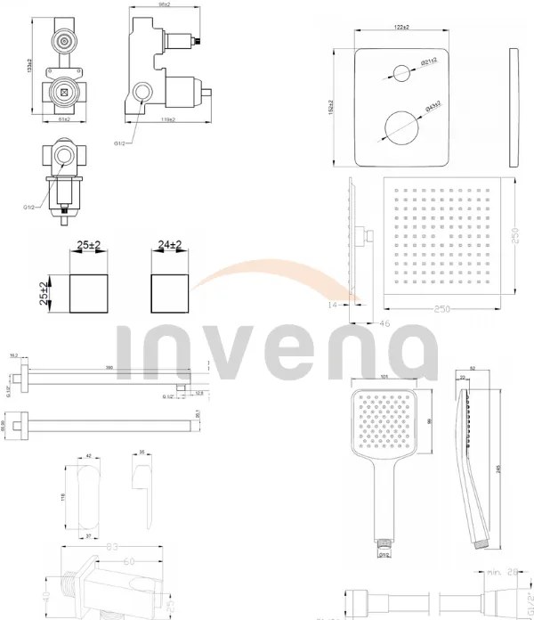 Invena Siros, podomietková sprchová sada s dažďovou hlavovou sprchovou 25x25 cm a ručnou hlavicou, čierna matná, INV-BS-90-011-A