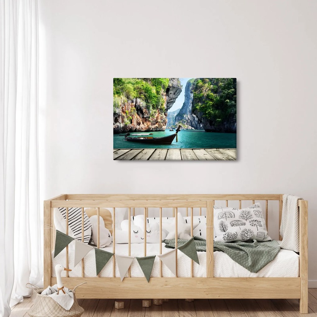 Obraz dlhej lode na pláži (90x60 cm)