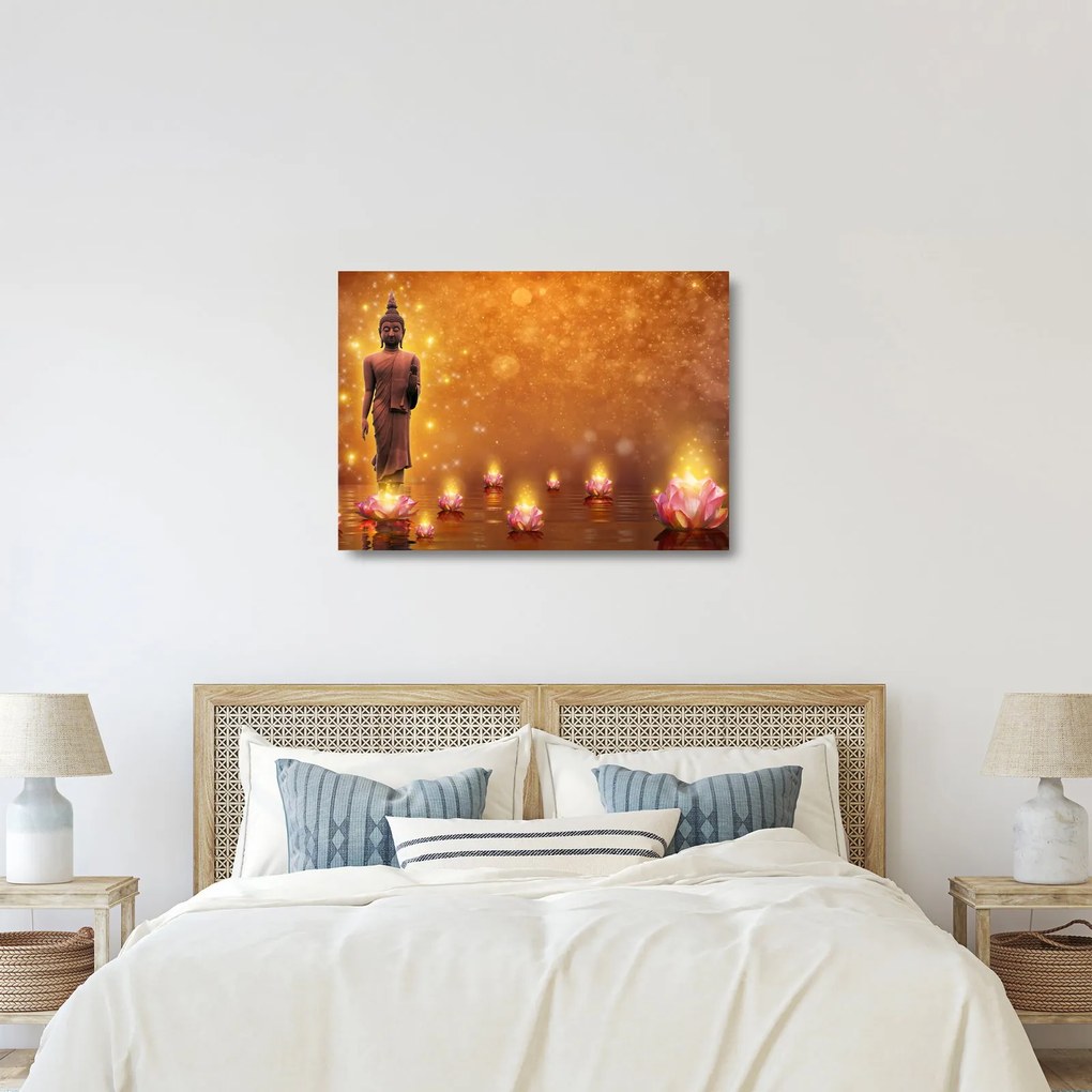 Sklenený obraz - Budha v zlatom lesku (70x50 cm)