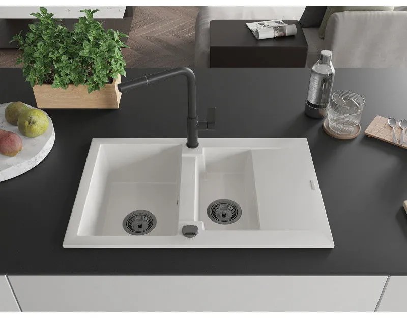 Mexen Gaspar, 1,5-komorový granitový drez 737x475x177 mm a drezová batéria Flora, biela, 6507-20-670401-70-B