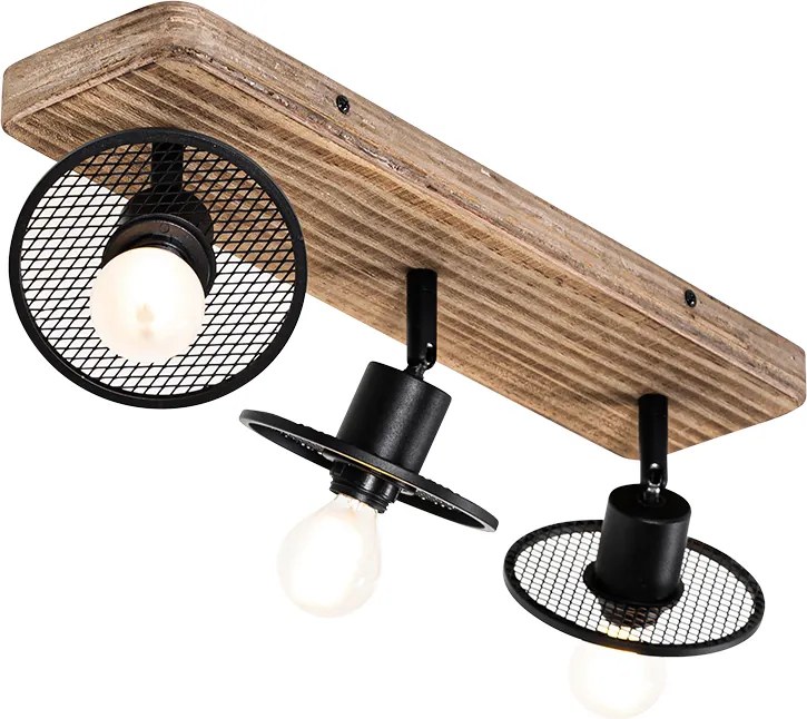 Priemyselné stropné bodové svetlo čierne s dreveným rámom 3-svetlo - Jasmine