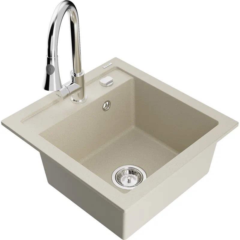 Mexen Vito, 1-komorový granitový drez 490x520x210 mm a drezová batéria Elia, béžová, 6503-69-670101-00