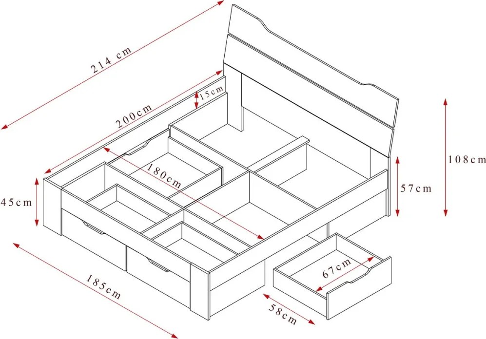 Posteľ s úložnými zásuvkami Asko 180x200 cm, biela/dub sonoma