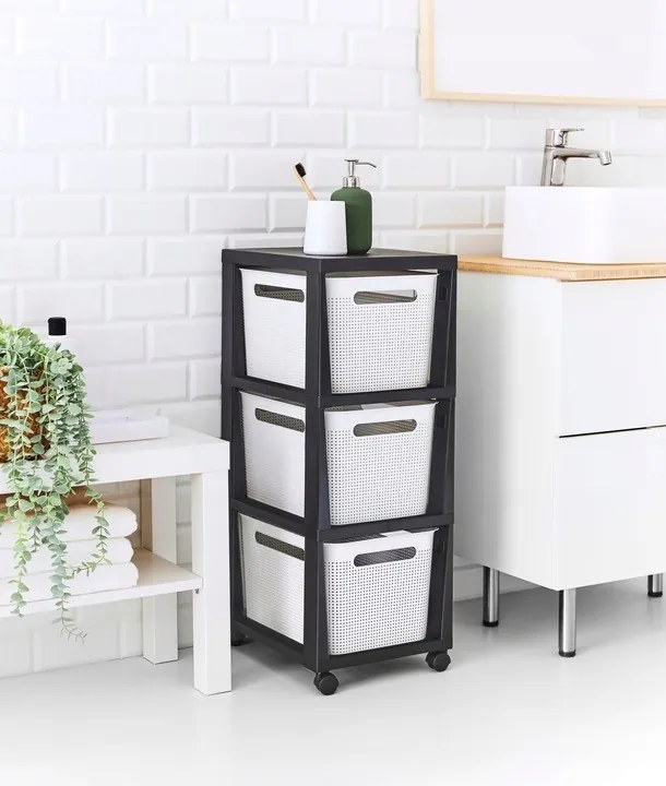 Rotho Pojazdný stojan, regál s 3 košíkmi, BRISEN TOWER, biela/antracit