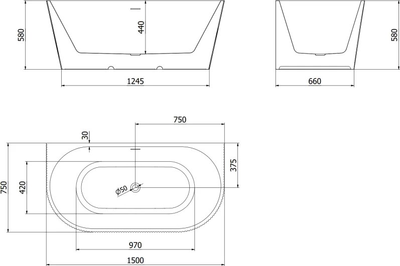 Mexen Oris, voľne stojaca ryhovaná vaňa 150 x 75 cm, biela lesklá, biely prepad, 52871507500-20