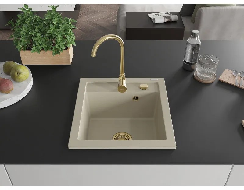 Mexen Vito, granitový drez 520x490x210 mm, 1-komorový, béžová so zlatým sifónom, 6503521000-69-G