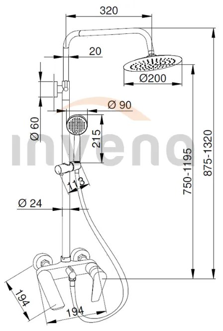 Invena Dokos, páková vaňová / sprchová batéria s hlavovou dažďovou sprchou 20cm, čierna matná, INV-AU-19-B04-V
