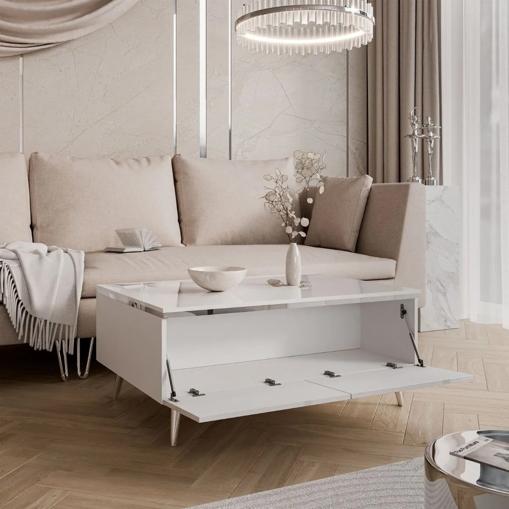 KONFERENČNÝ STOLÍK NESSIE 3 BIELY LESK + STRIEBORNÝ 90 cm