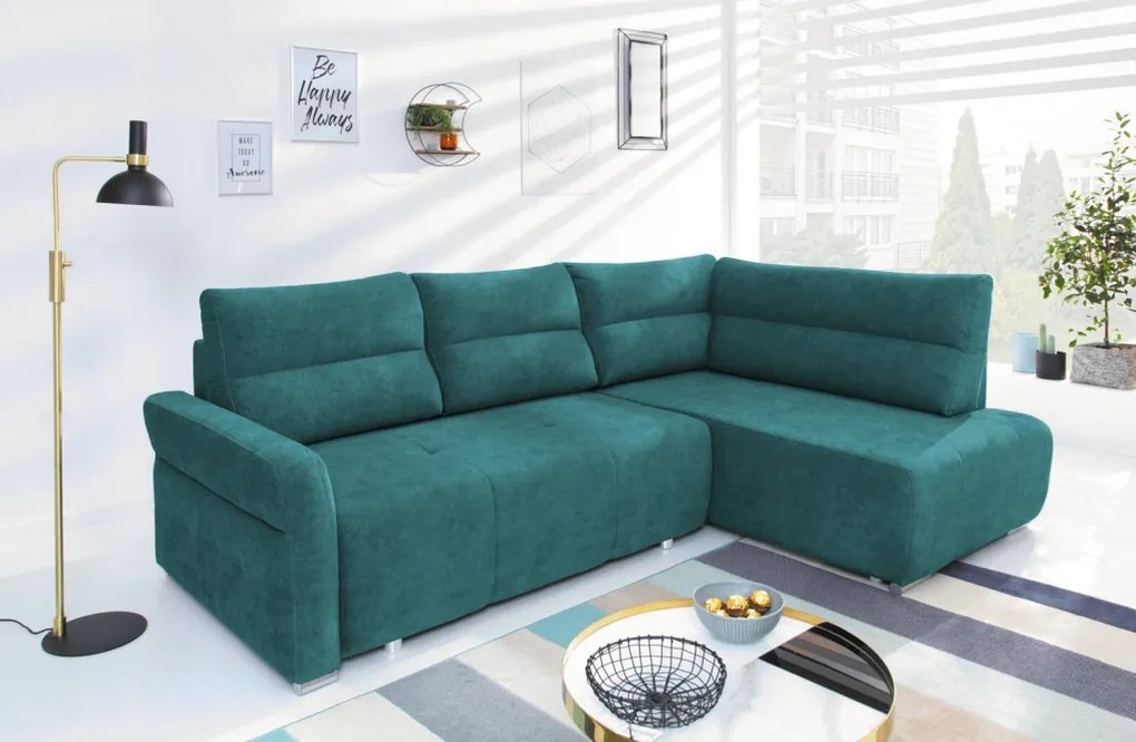 Rohová sedačka na trvalé spanie Island, petrolejová látka, pravý roh