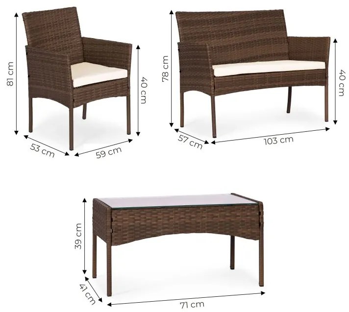 Záhradný set ratanového nábytku: Lavica + stolík + 2 kreslá - hnedá