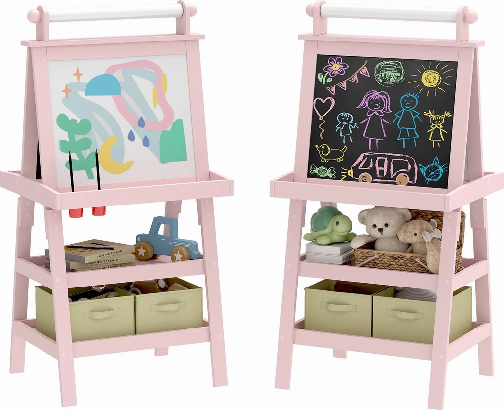 AIYAPLAY Deti Easel 3 v 1 Dvojstranná Magnetická Čierna tabuľa na maľovanie s papierovým valcom a úložnými košíkmi 59x48x118 cm Ružová | Aosom