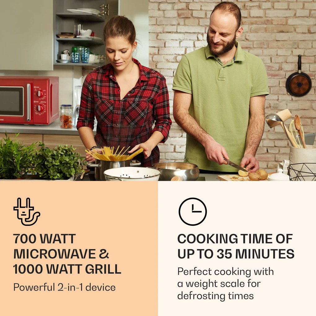 Klarstein Caroline, mikrovlnná rúra, 20 l, 700/1000 W, Ø 25,5 cm, QuickSelect, retro, červená