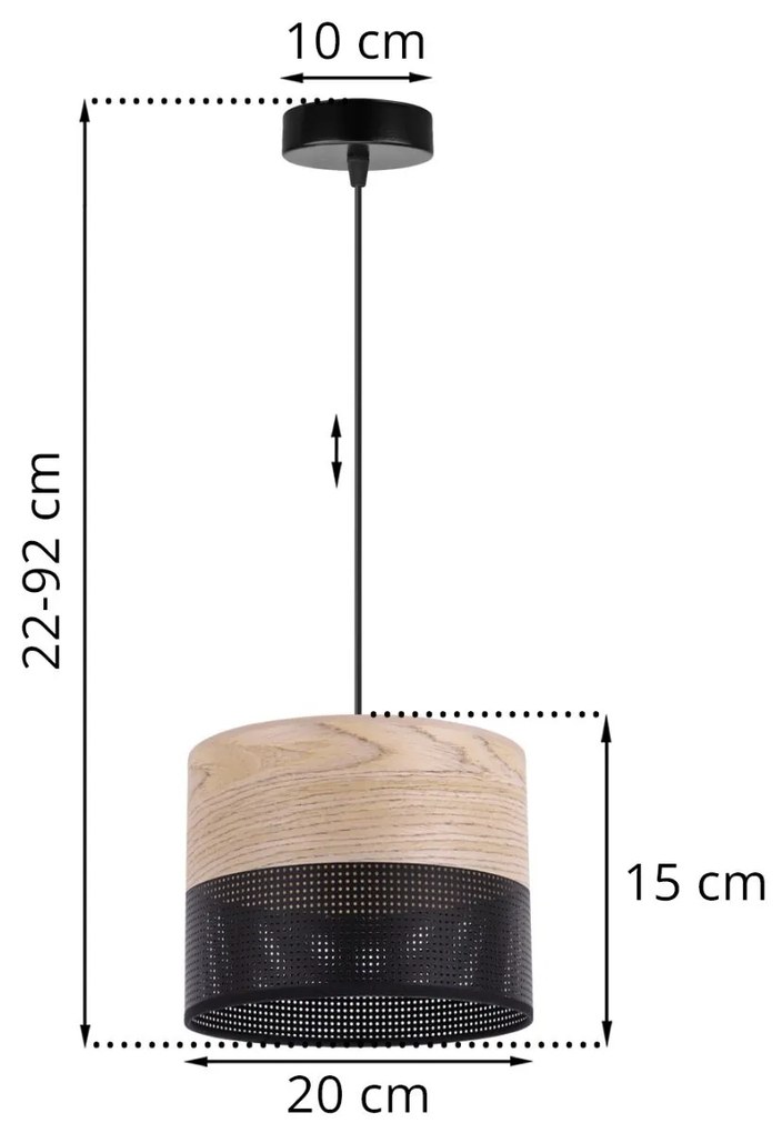 Závesné svietidlo Wood, 1x béžová dubová dýha/čierne PVCové tienidlo, (fi 20cm)