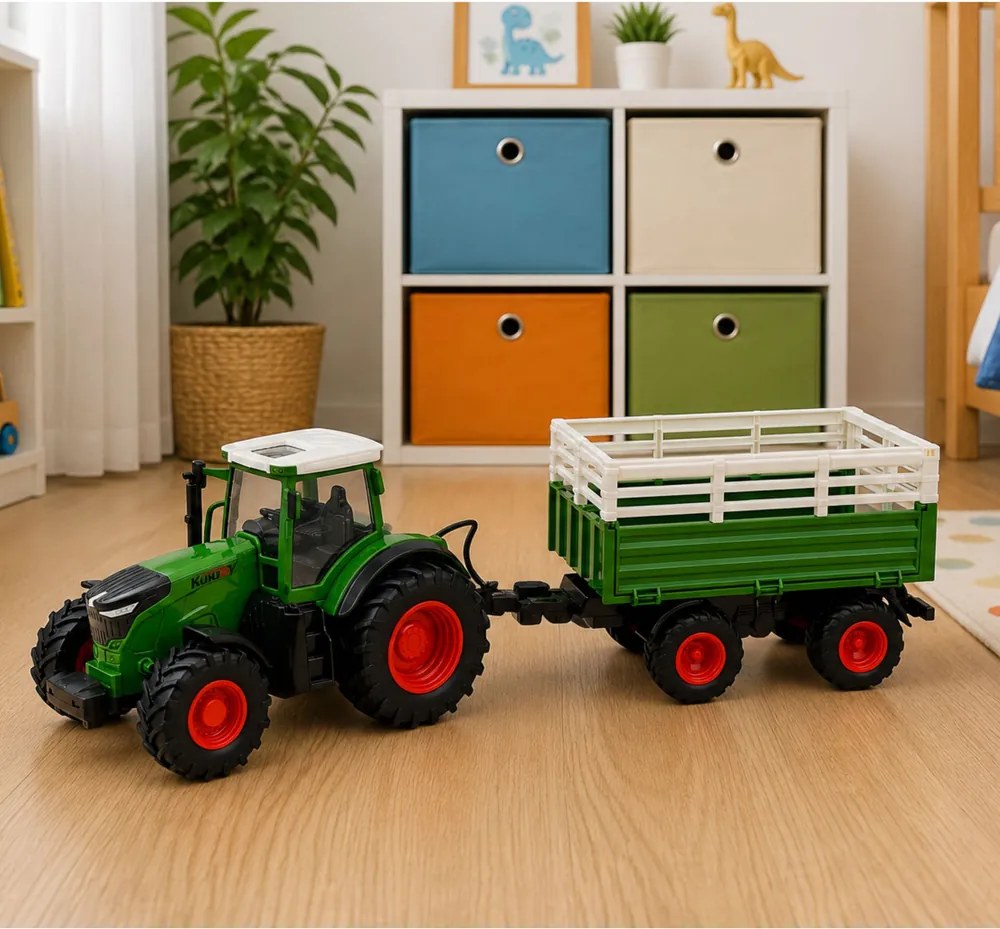 LEAN Toys Poľnohospodársky traktor s vyklápacím prívesom, diaľkovo ovládaný RC, so svetlami, mierka 1:24