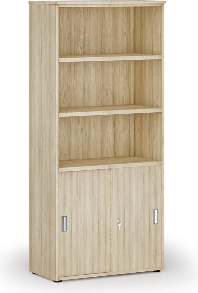 Kombinovaná kancelárska skriňa PRIMO WOOD, zasúvacie dvere na 2 poschodia, 800 x 420 x 1781 mm, dub prírodný