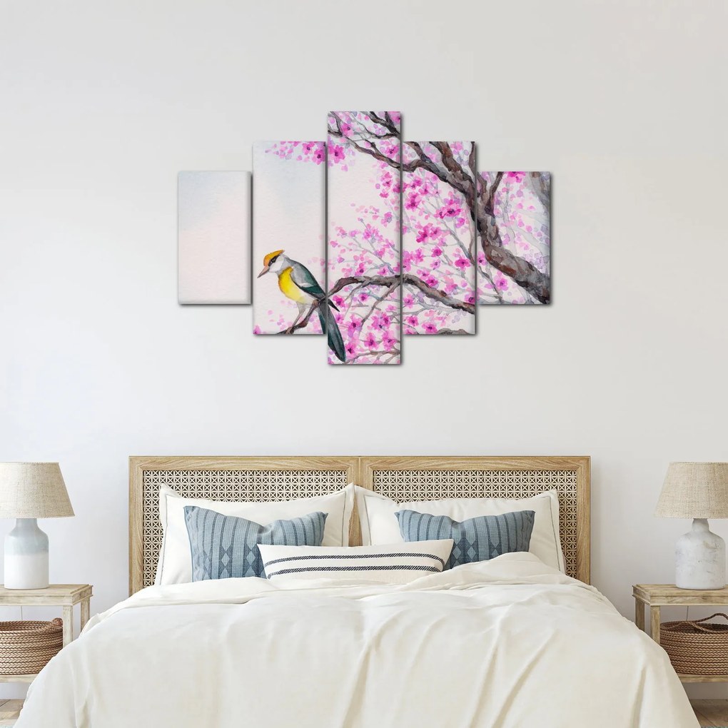 Obraz - Vtáčik na strome s ružovými kvetmi (150x105 cm)