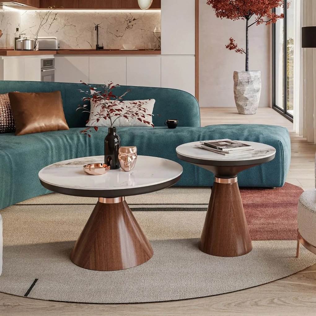 KONFERENČNÝ STOLÍK 2V1 ZARAH 3 MRAMOR + ORECH + ZLATÝ PÁSIK